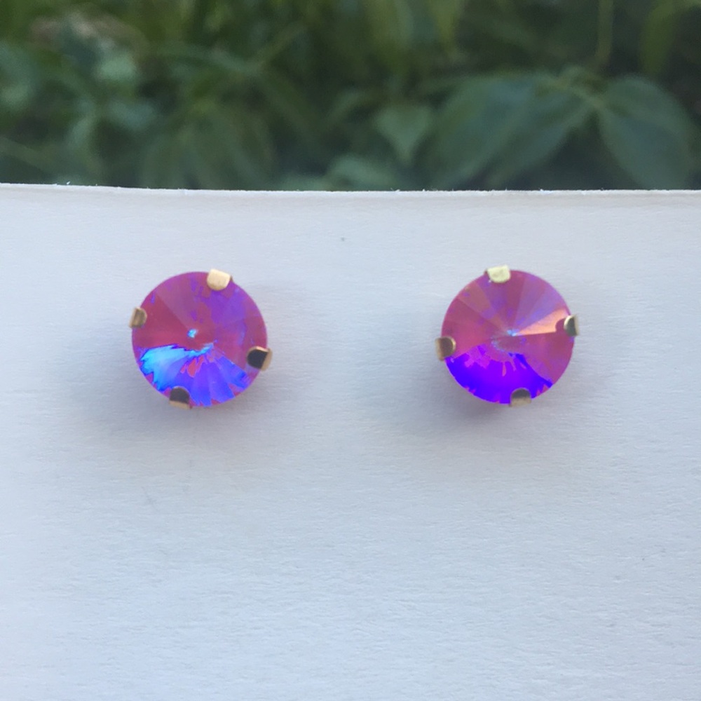 Fuchsia Hot Pink Aurora Borealis + Gold Rivoli Crystal Earrings - Picture 11 of 13